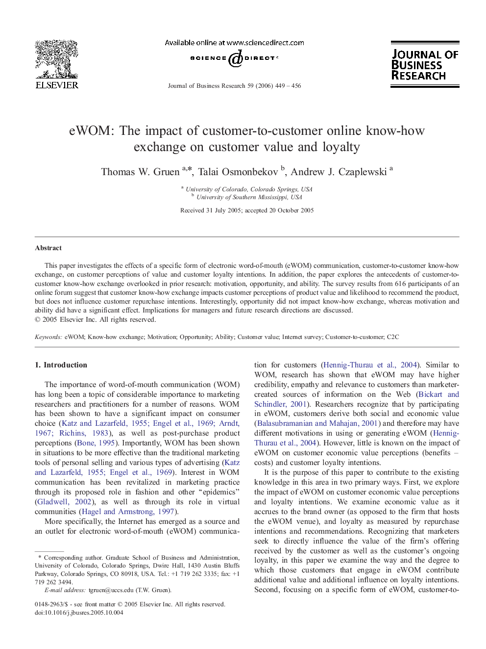 eWOM: The impact of customer-to-customer online know-how exchange on customer value and loyalty