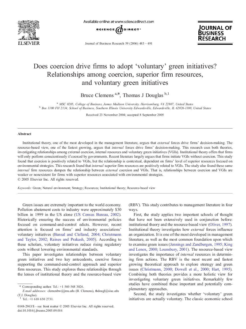 Does coercion drive firms to adopt ‘voluntary’ green initiatives? Relationships among coercion, superior firm resources, and voluntary green initiatives