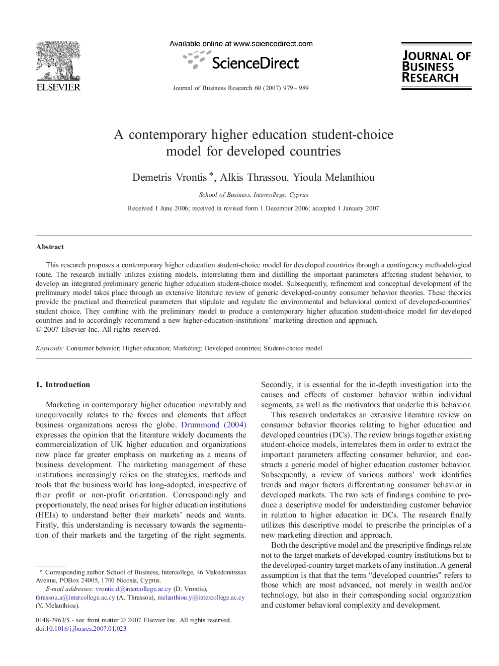 A contemporary higher education student-choice model for developed countries