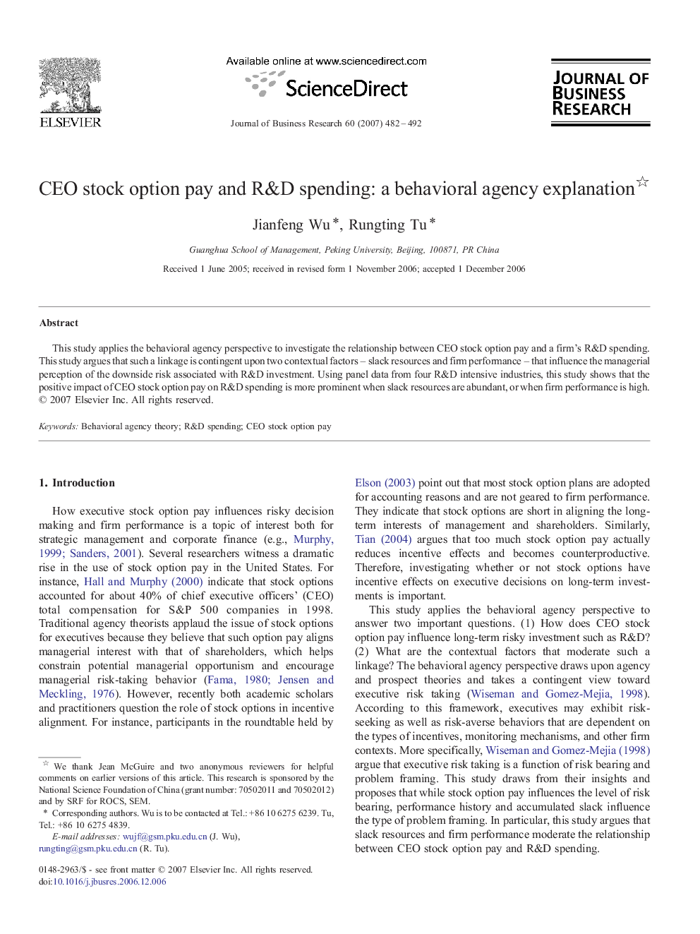 CEO stock option pay and R&D spending: a behavioral agency explanation 