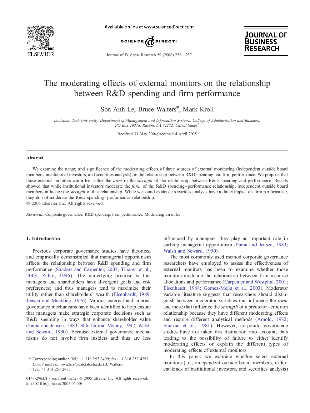 The moderating effects of external monitors on the relationship between R&D spending and firm performance