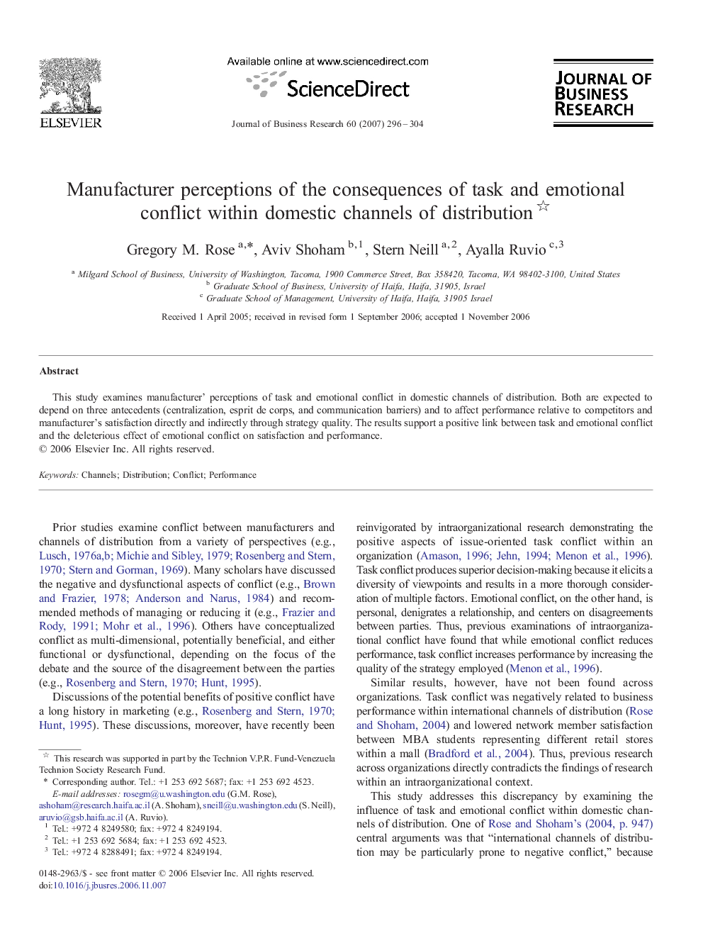 Manufacturer perceptions of the consequences of task and emotional conflict within domestic channels of distribution 