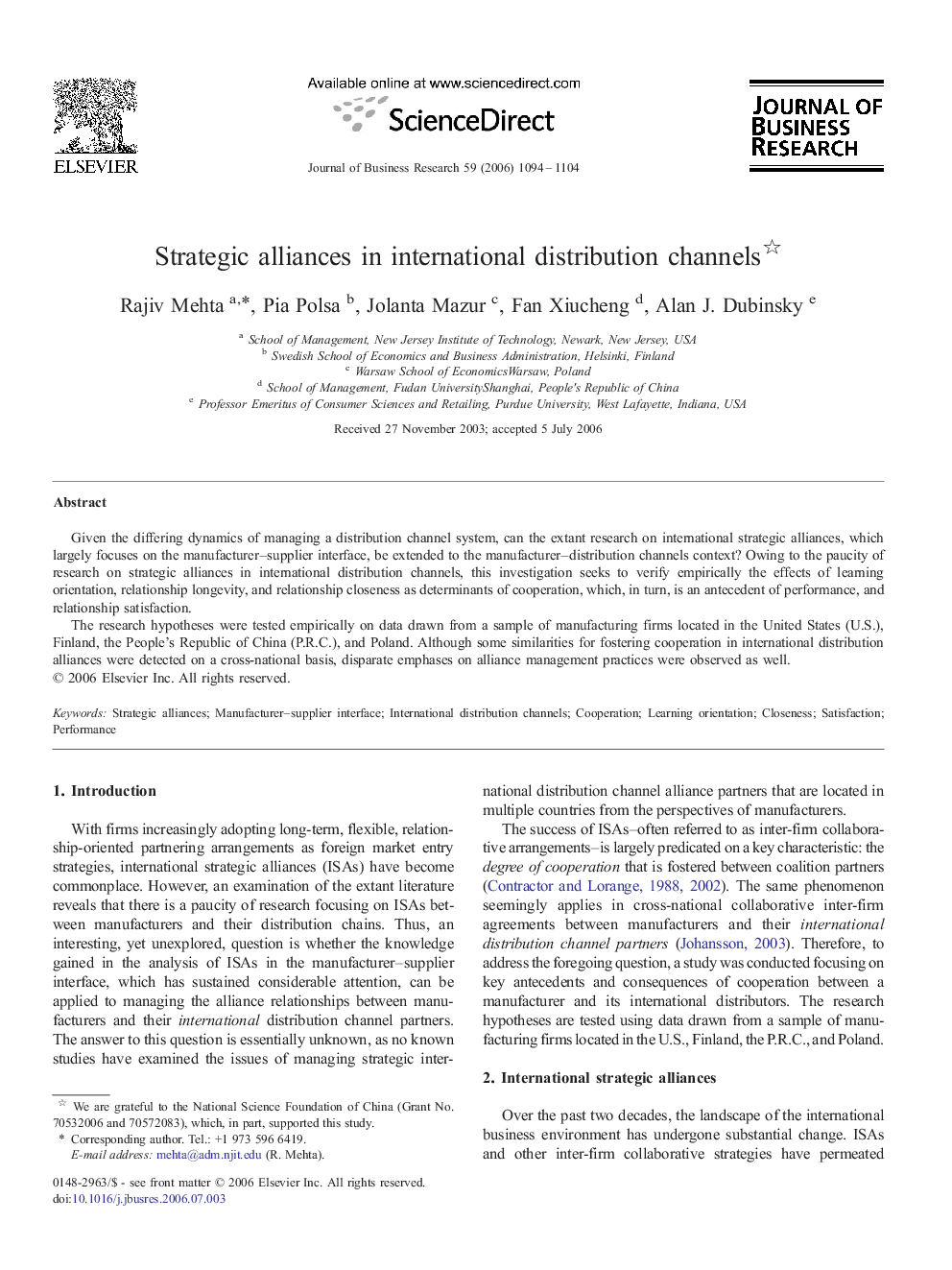 Strategic alliances in international distribution channels 