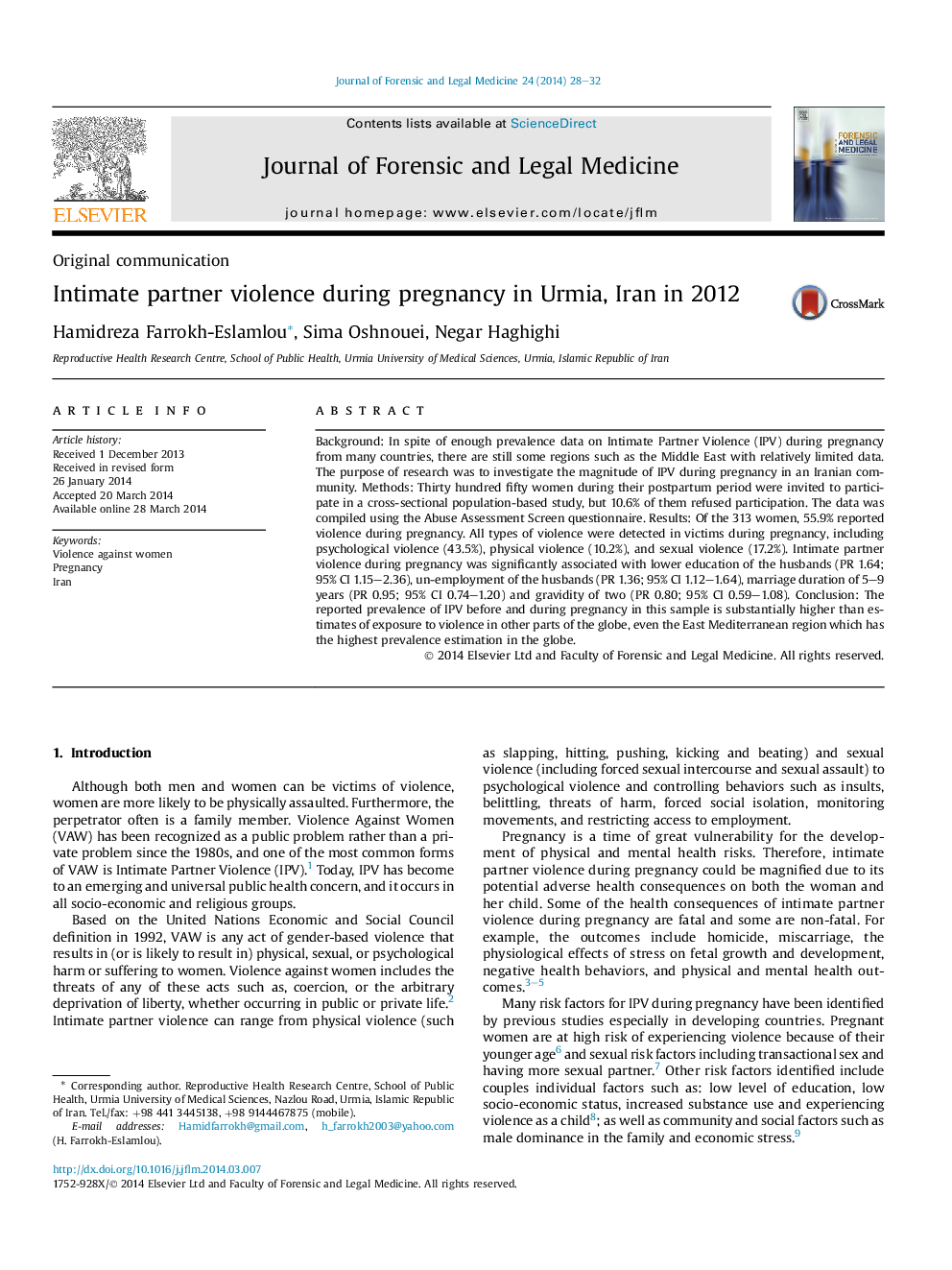 Intimate partner violence during pregnancy in Urmia, Iran in 2012