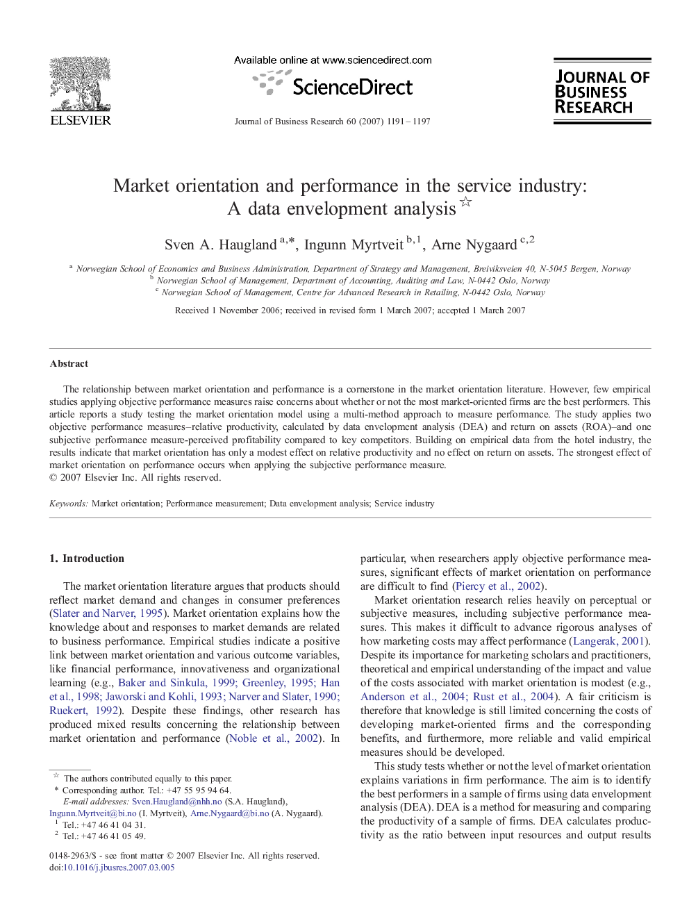 Market orientation and performance in the service industry: A data envelopment analysis 