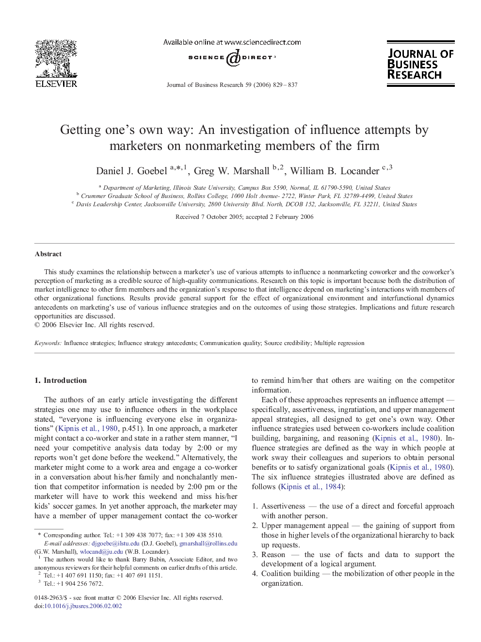 Getting one's own way: An investigation of influence attempts by marketers on nonmarketing members of the firm