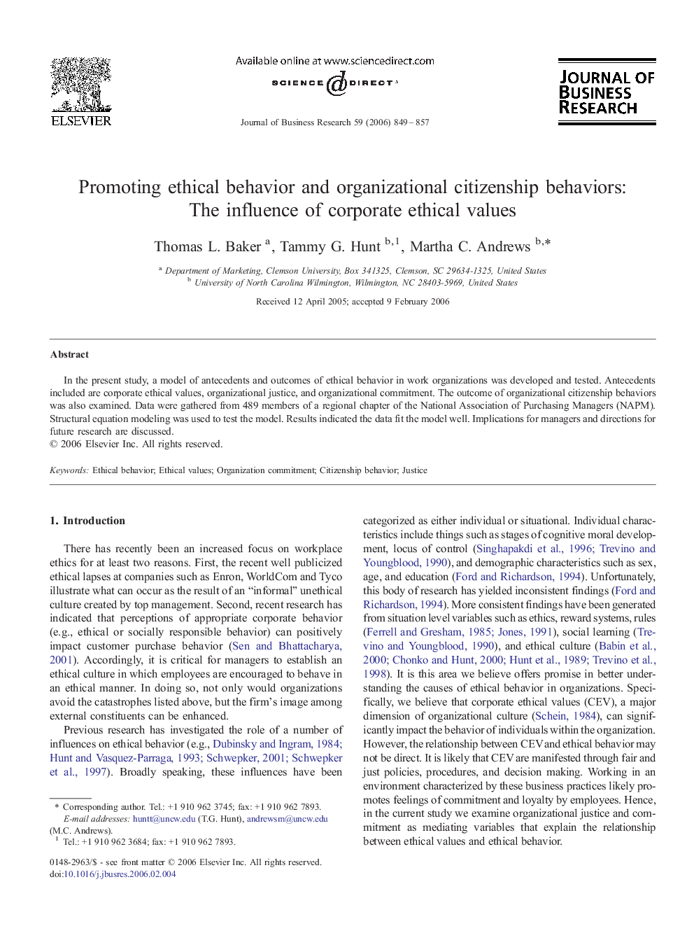 Promoting ethical behavior and organizational citizenship behaviors: The influence of corporate ethical values