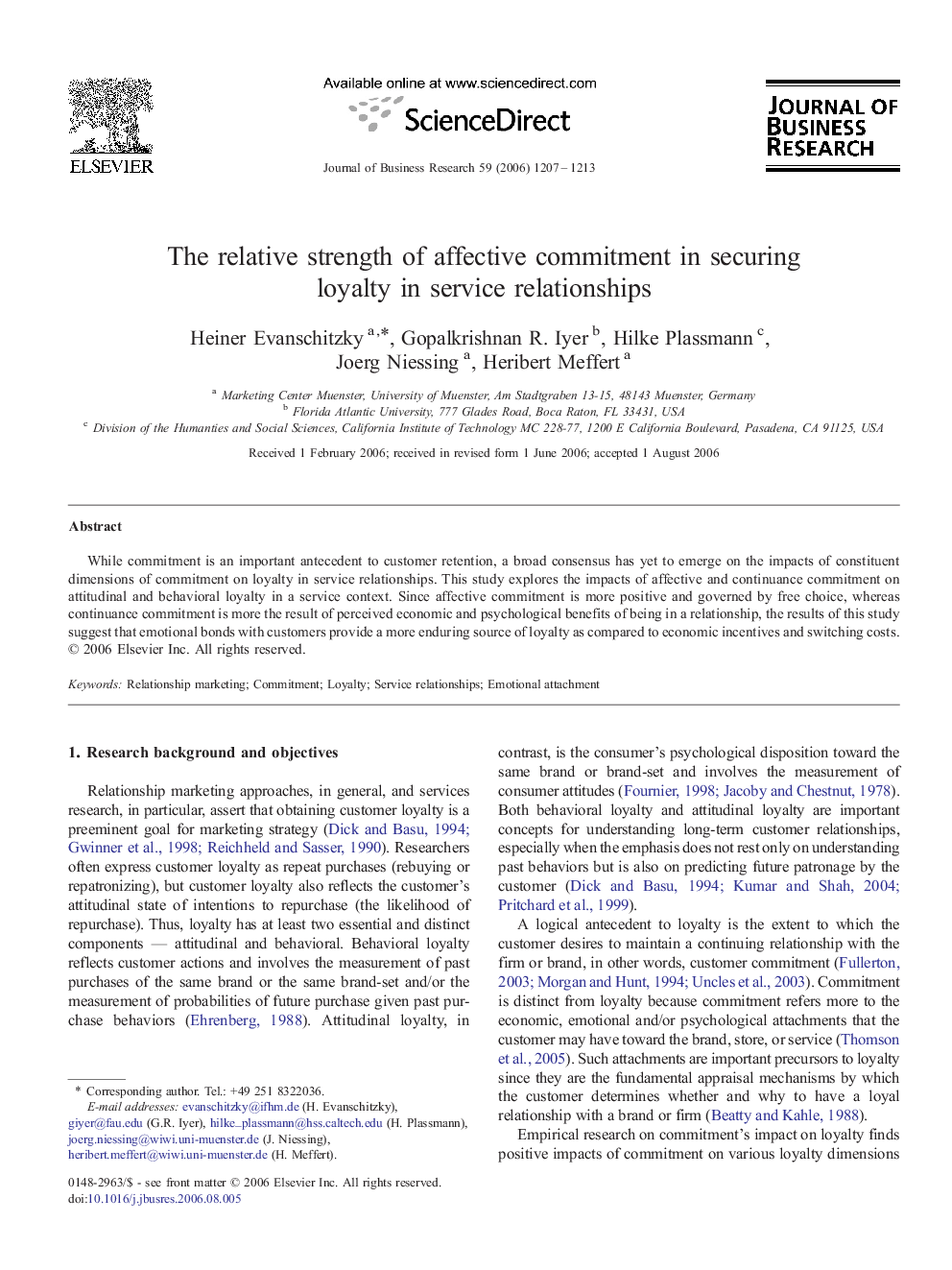 The relative strength of affective commitment in securing loyalty in service relationships