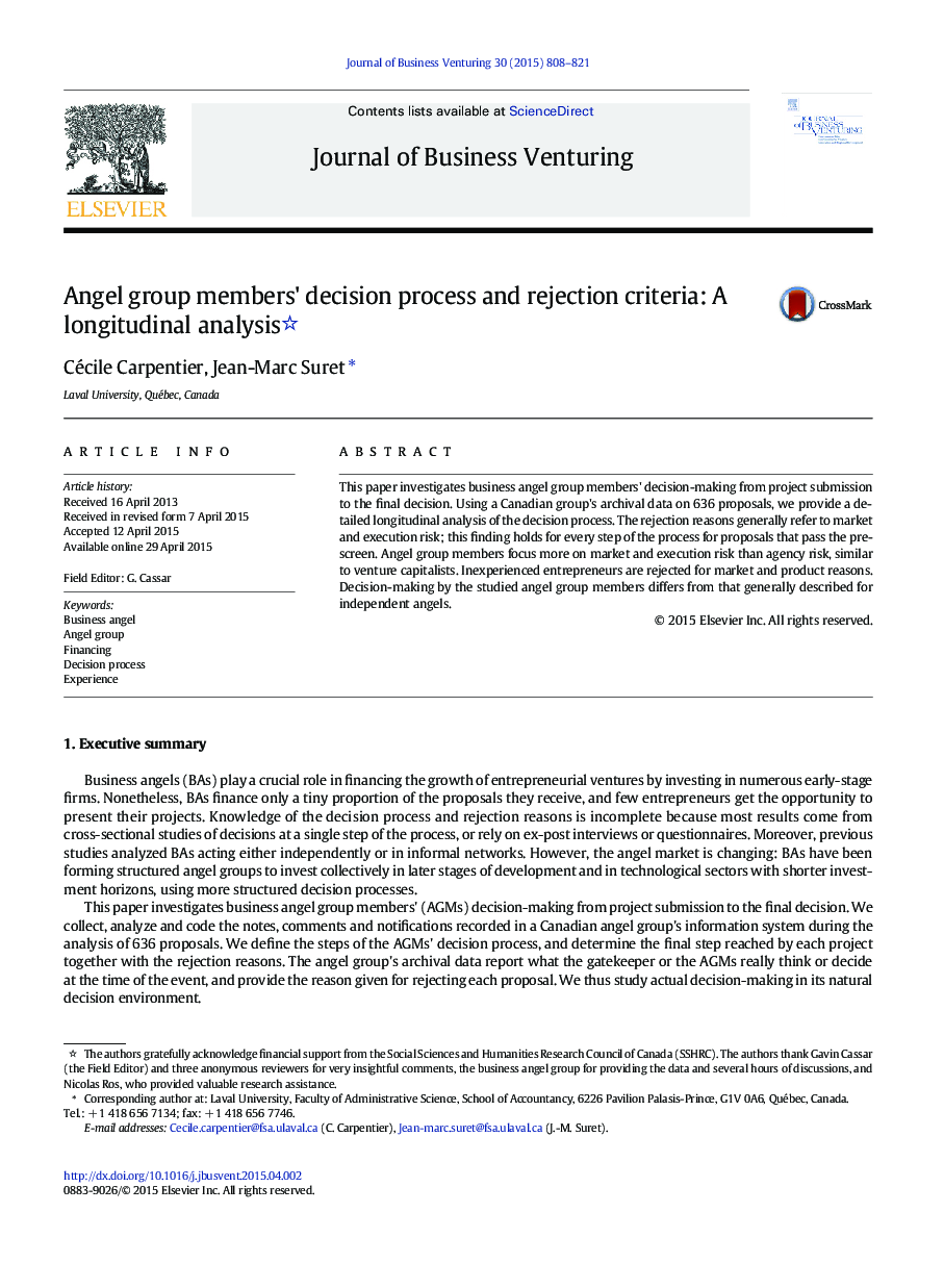 Angel group members' decision process and rejection criteria: A longitudinal analysis 