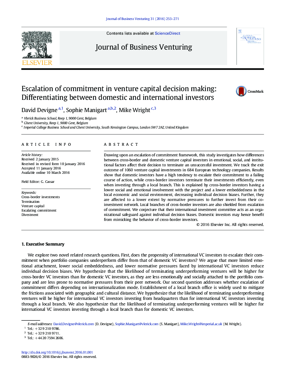 Escalation of commitment in venture capital decision making: Differentiating between domestic and international investors