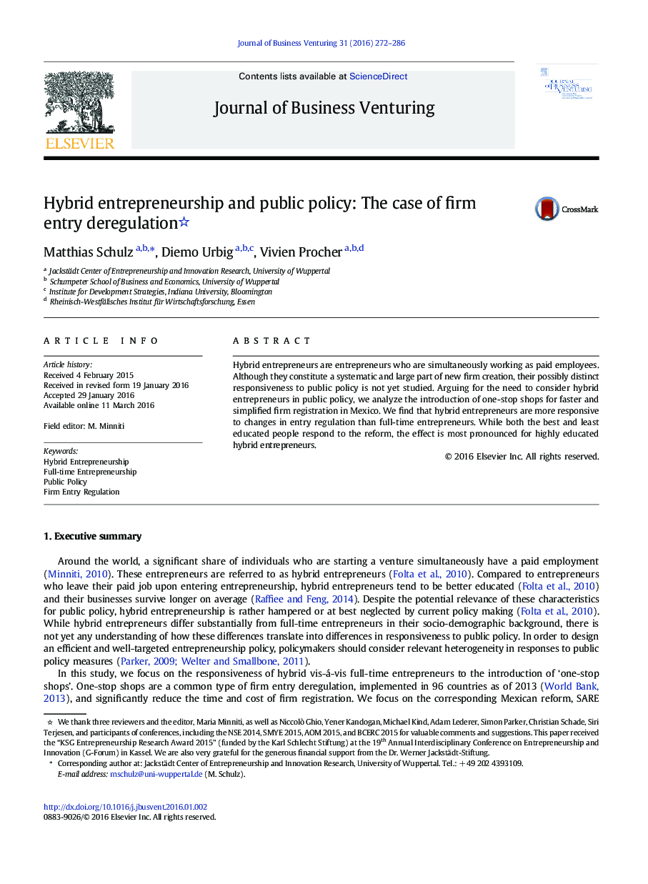 Hybrid entrepreneurship and public policy: The case of firm entry deregulation 