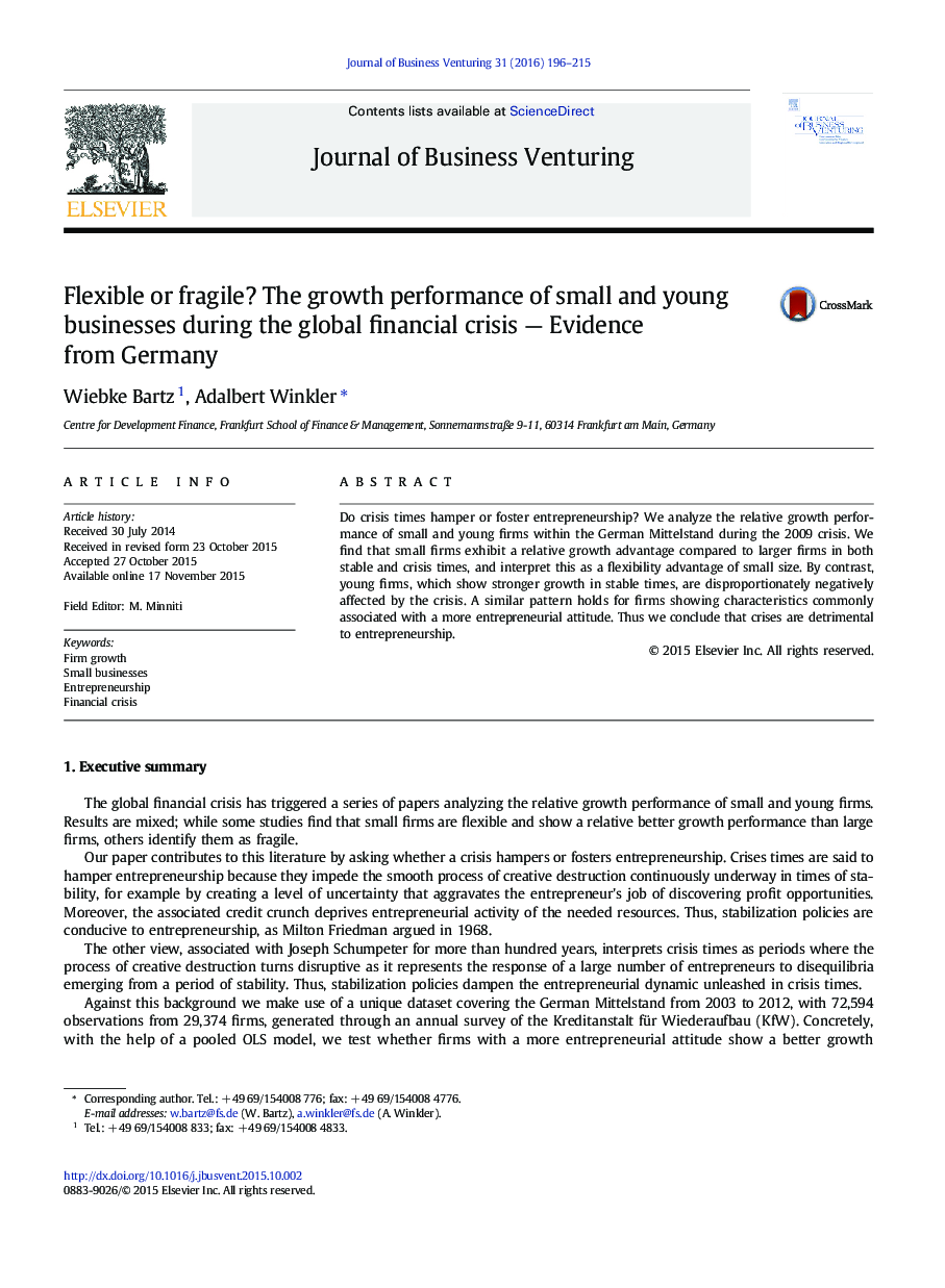 Flexible or fragile? The growth performance of small and young businesses during the global financial crisis — Evidence from Germany