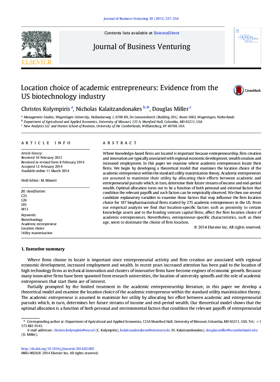 Location choice of academic entrepreneurs: Evidence from the US biotechnology industry
