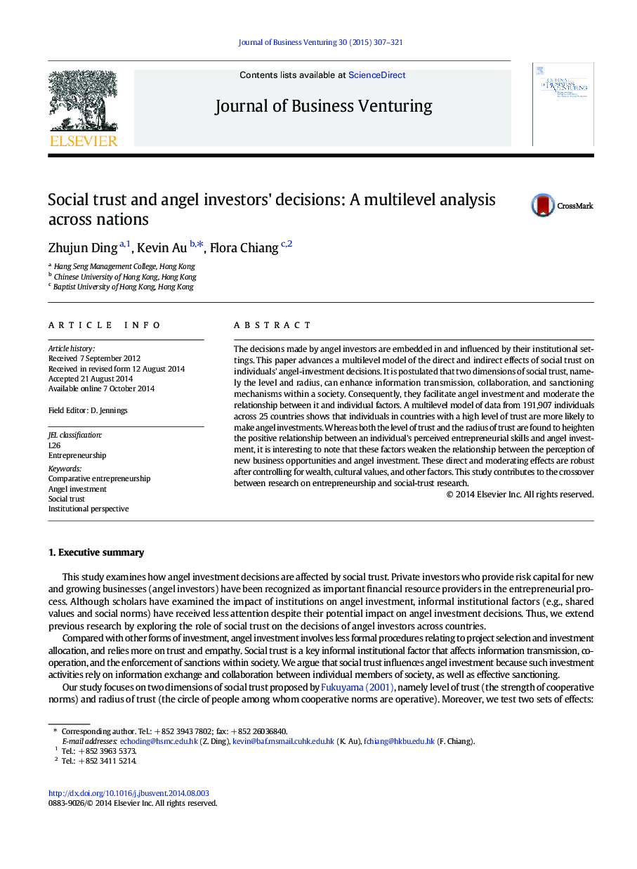 Social trust and angel investors' decisions: A multilevel analysis across nations