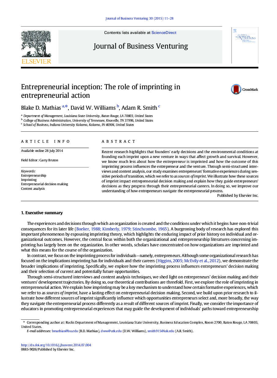 Entrepreneurial inception: The role of imprinting in entrepreneurial action