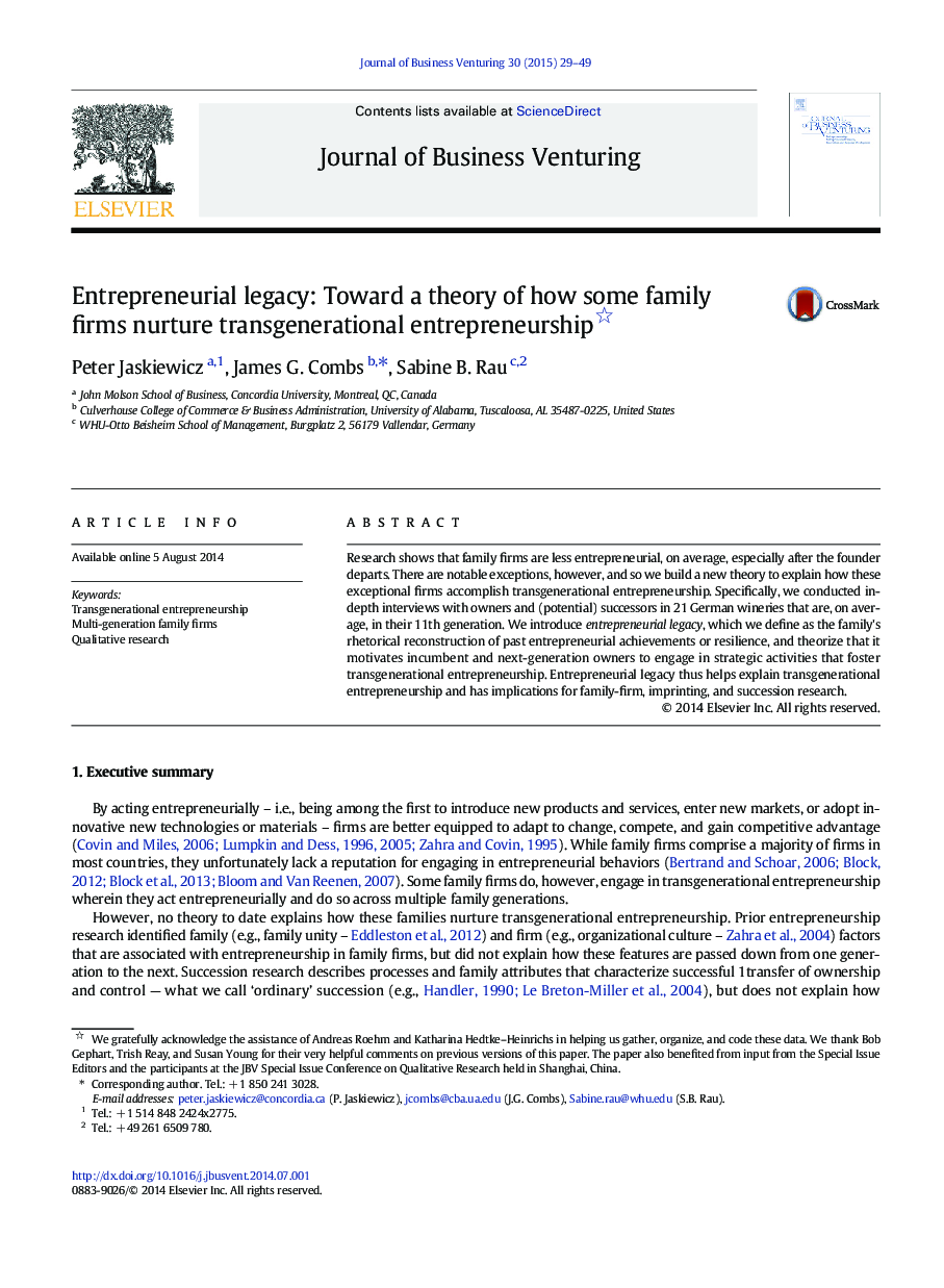 Entrepreneurial legacy: Toward a theory of how some family firms nurture transgenerational entrepreneurship 