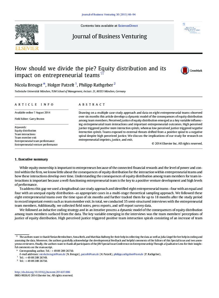 How should we divide the pie? Equity distribution and its impact on entrepreneurial teams 