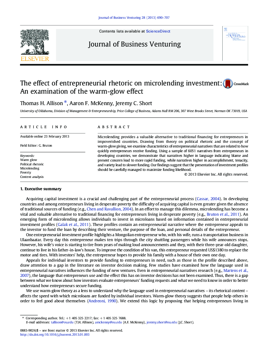 The effect of entrepreneurial rhetoric on microlending investment: An examination of the warm-glow effect