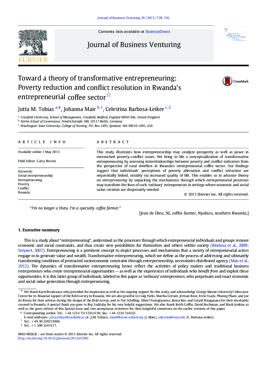 Toward a theory of transformative entrepreneuring: Poverty reduction and conflict resolution in Rwanda's entrepreneurial coffee sector 