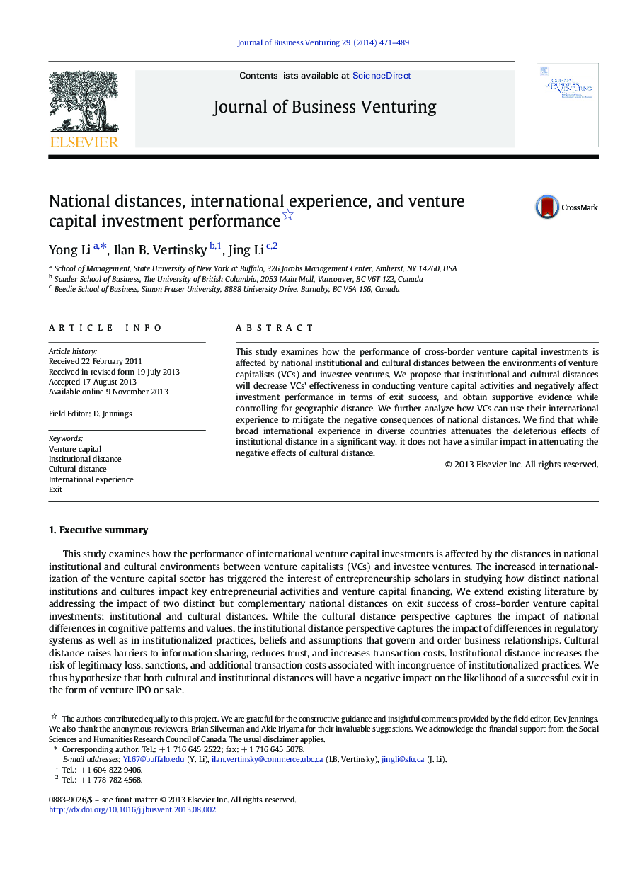 National distances, international experience, and venture capital investment performance 