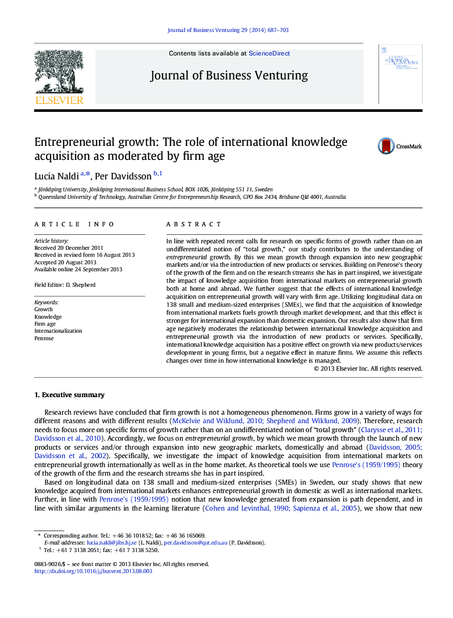 Entrepreneurial growth: The role of international knowledge acquisition as moderated by firm age