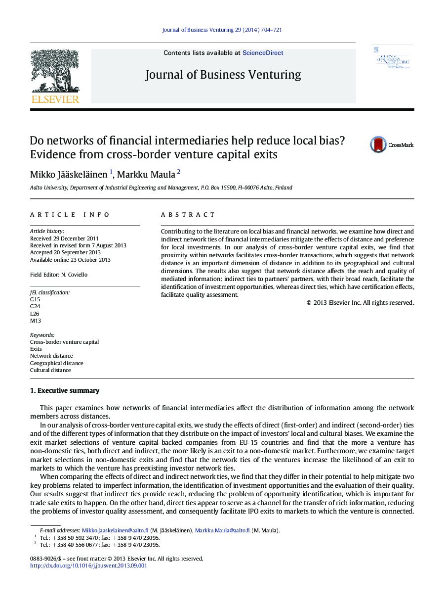 Do networks of financial intermediaries help reduce local bias? Evidence from cross-border venture capital exits