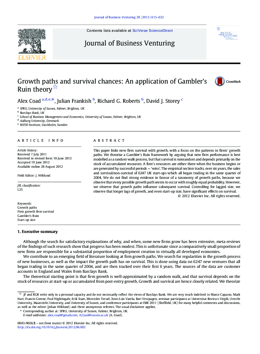 Growth paths and survival chances: An application of Gambler's Ruin theory 