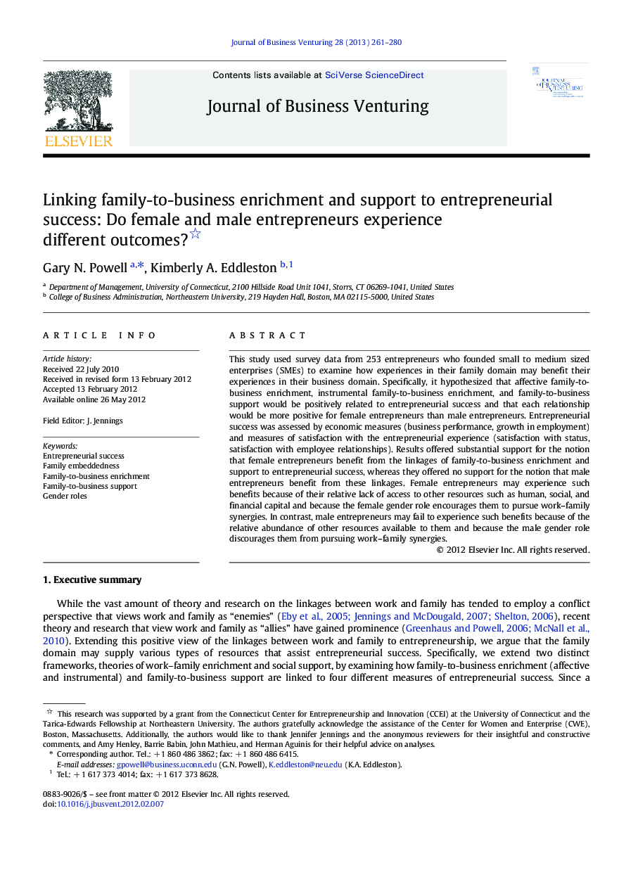 Linking family-to-business enrichment and support to entrepreneurial success: Do female and male entrepreneurs experience different outcomes? 