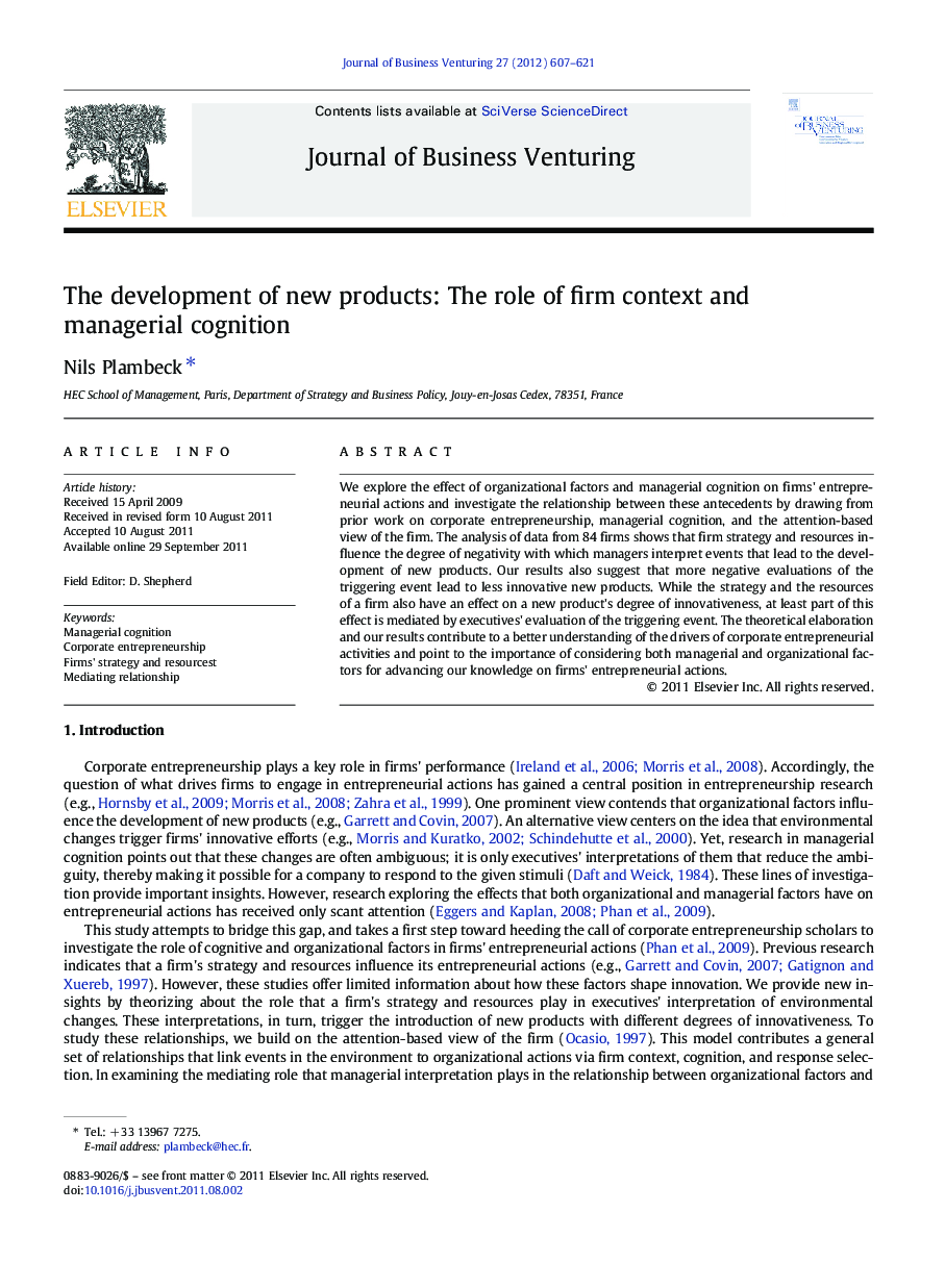 The development of new products: The role of firm context and managerial cognition
