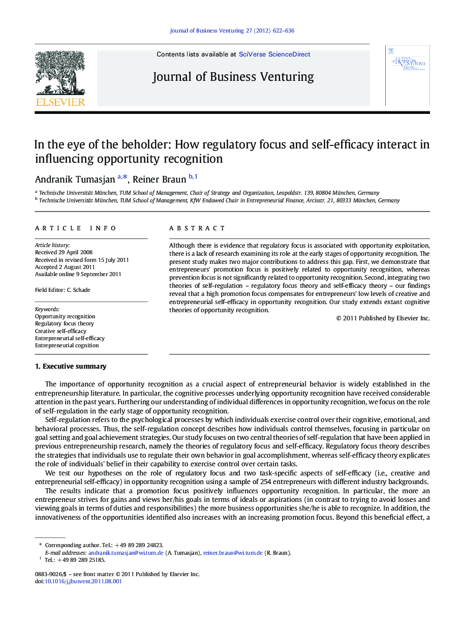 In the eye of the beholder: How regulatory focus and self-efficacy interact in influencing opportunity recognition