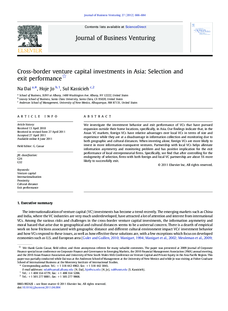Cross-border venture capital investments in Asia: Selection and exit performance 