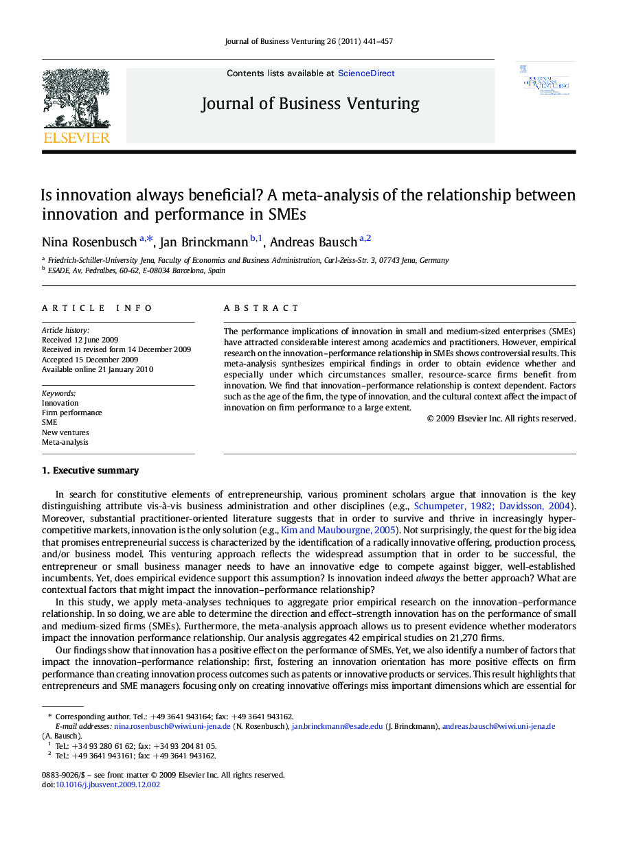 Is innovation always beneficial? A meta-analysis of the relationship between innovation and performance in SMEs