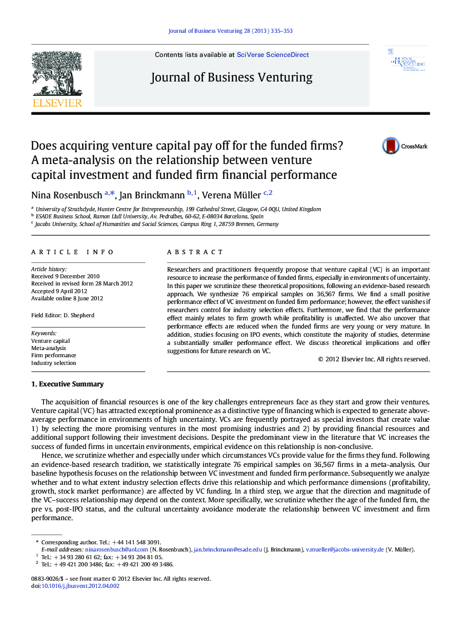 Does acquiring venture capital pay off for the funded firms? A meta-analysis on the relationship between venture capital investment and funded firm financial performance