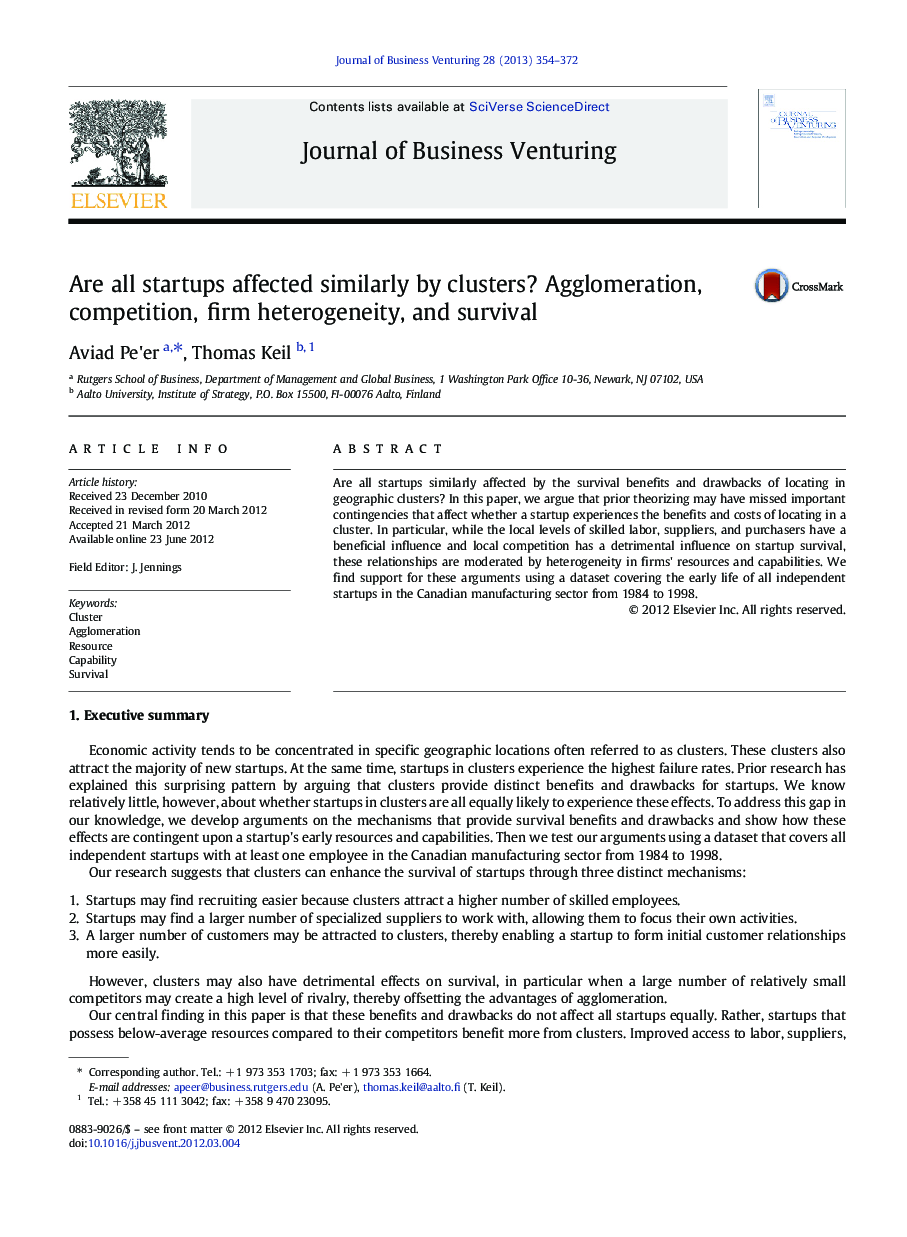 Are all startups affected similarly by clusters? Agglomeration, competition, firm heterogeneity, and survival