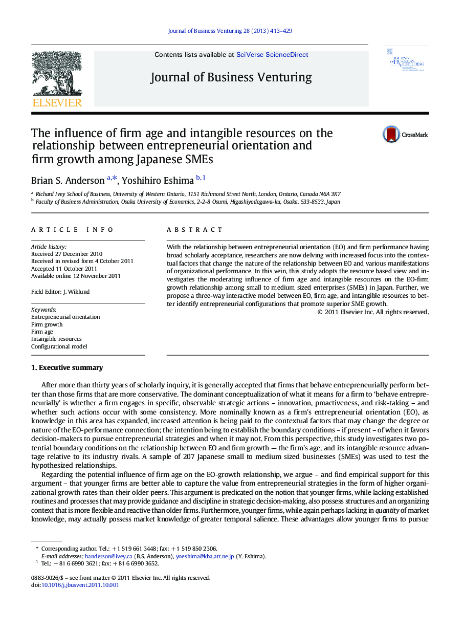 The influence of firm age and intangible resources on the relationship between entrepreneurial orientation and firm growth among Japanese SMEs