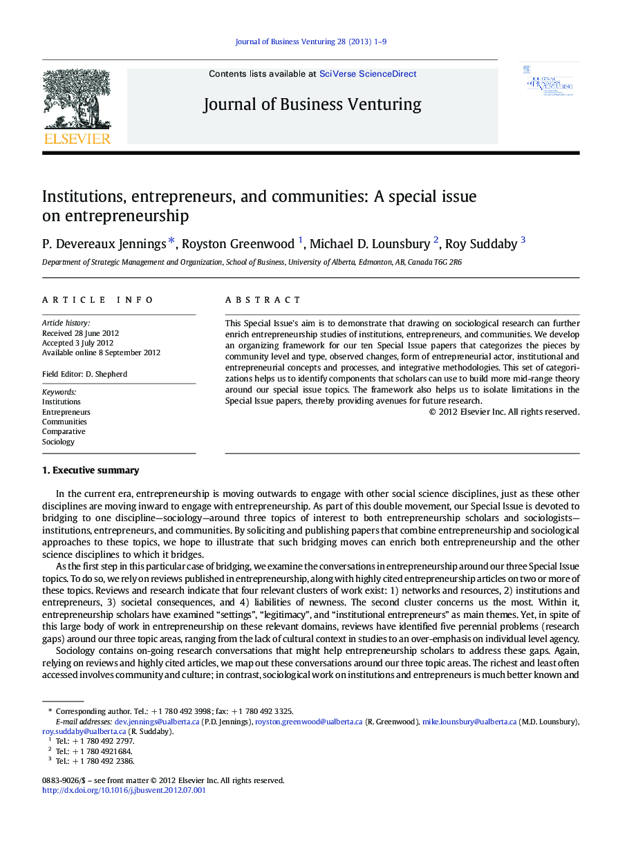 Institutions, entrepreneurs, and communities: A special issue on entrepreneurship