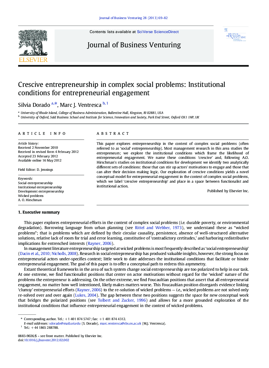 Crescive entrepreneurship in complex social problems: Institutional conditions for entrepreneurial engagement