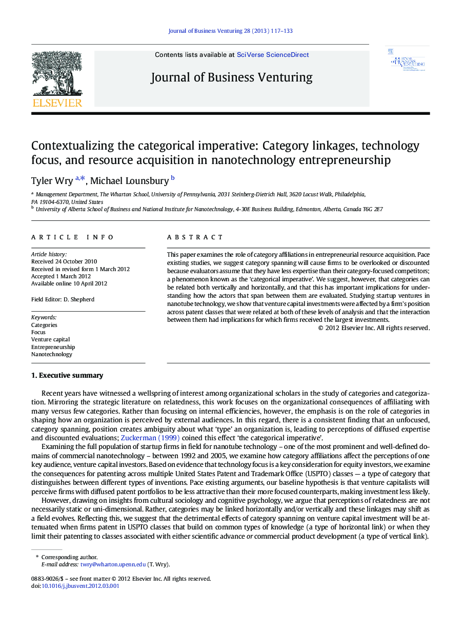 Contextualizing the categorical imperative: Category linkages, technology focus, and resource acquisition in nanotechnology entrepreneurship