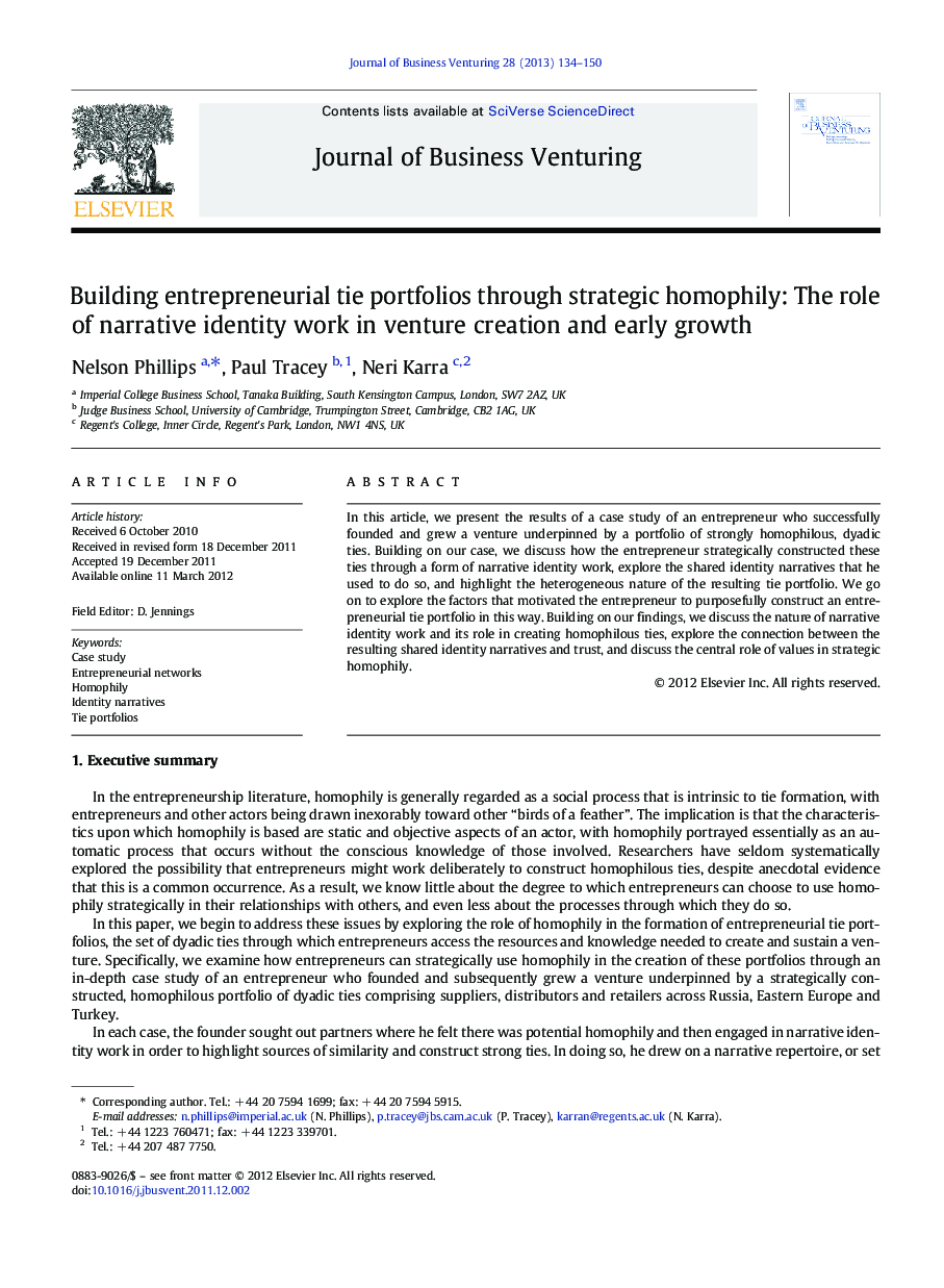 Building entrepreneurial tie portfolios through strategic homophily: The role of narrative identity work in venture creation and early growth