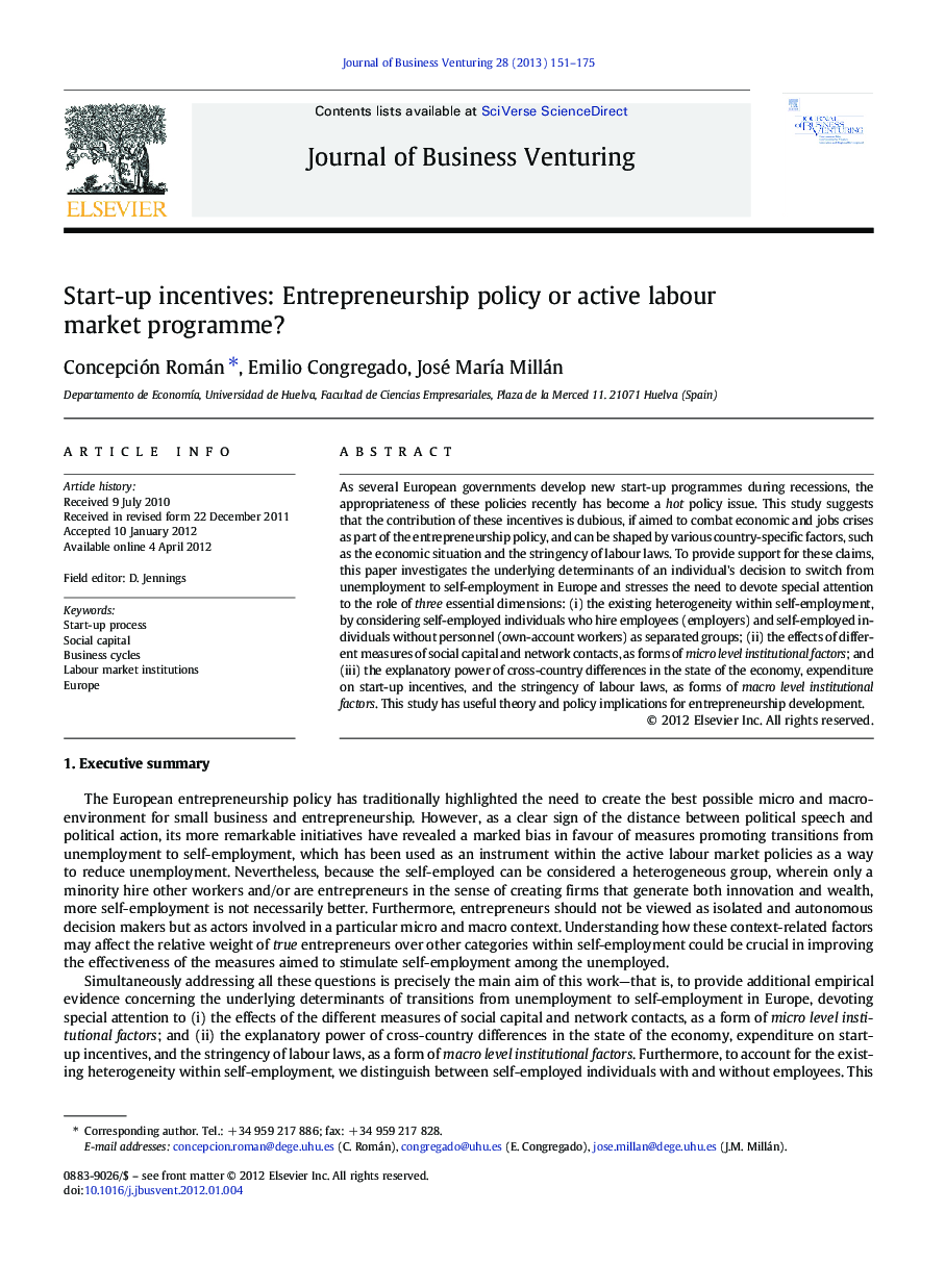 Start-up incentives: Entrepreneurship policy or active labour market programme?