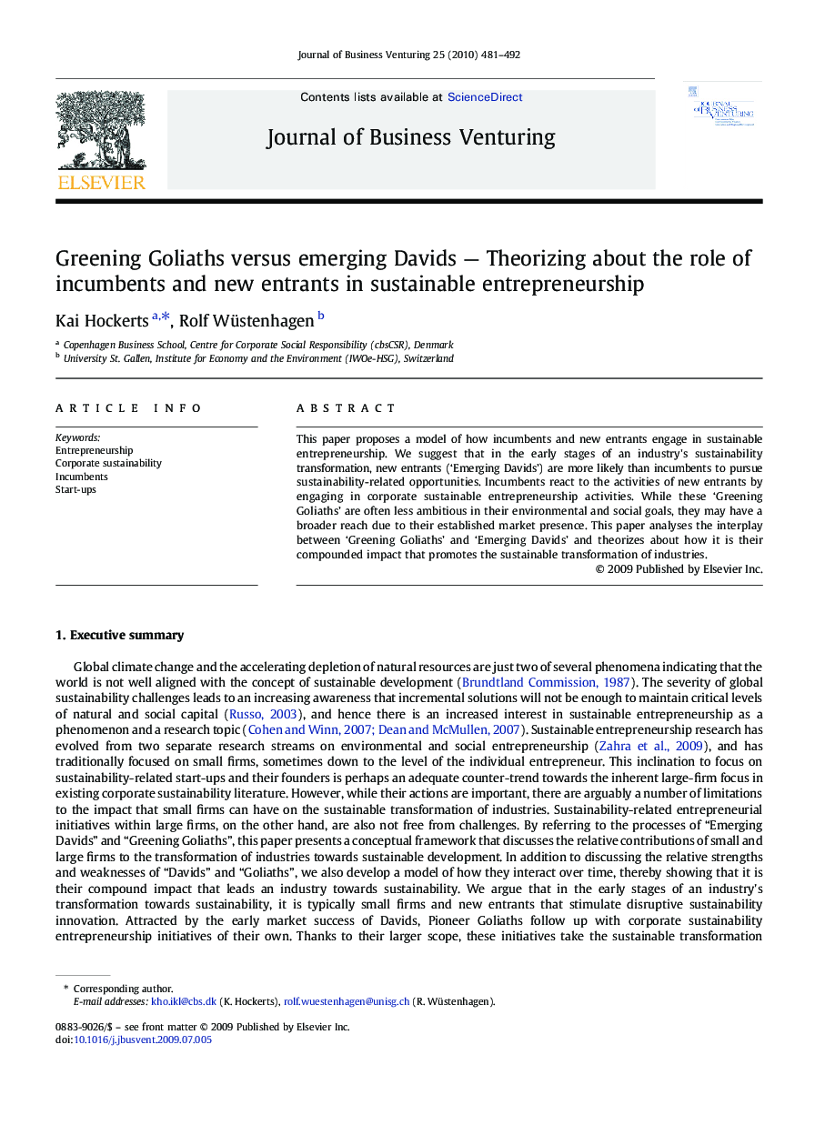 Greening Goliaths versus emerging Davids — Theorizing about the role of incumbents and new entrants in sustainable entrepreneurship
