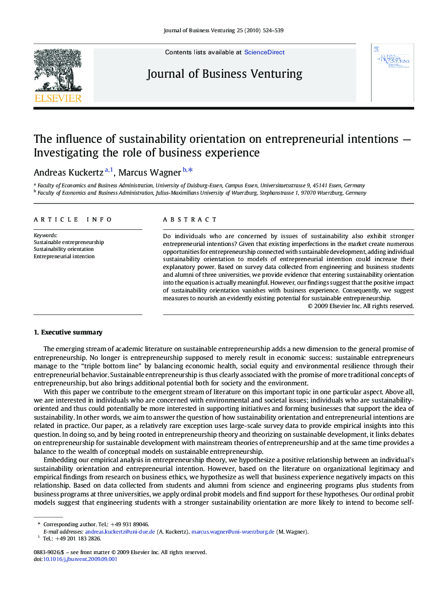 The influence of sustainability orientation on entrepreneurial intentions — Investigating the role of business experience