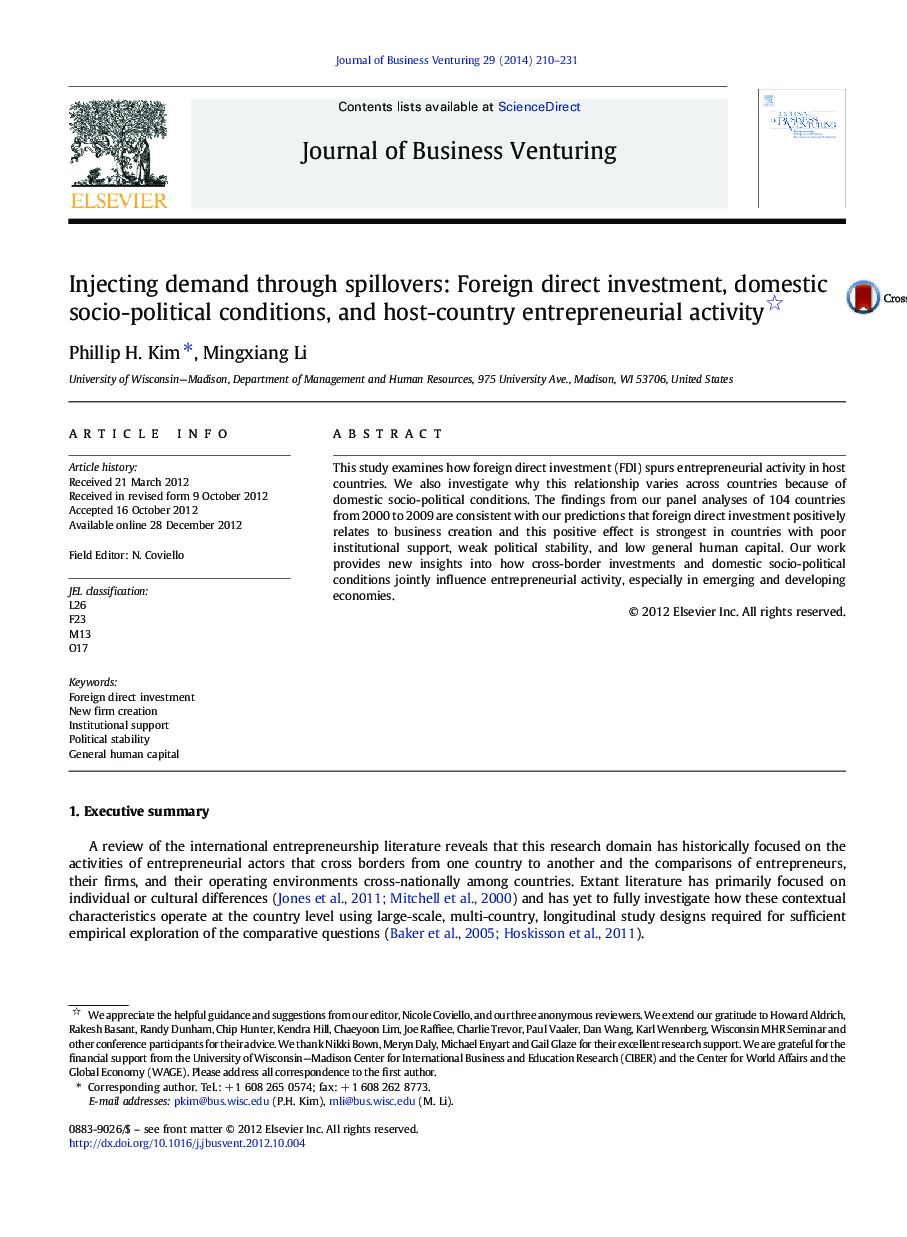 Injecting demand through spillovers: Foreign direct investment, domestic socio-political conditions, and host-country entrepreneurial activity 