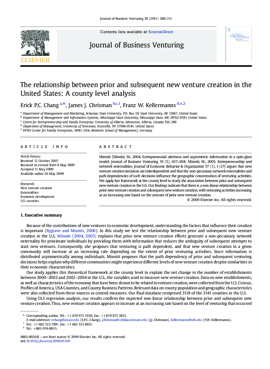 The relationship between prior and subsequent new venture creation in the United States: A county level analysis