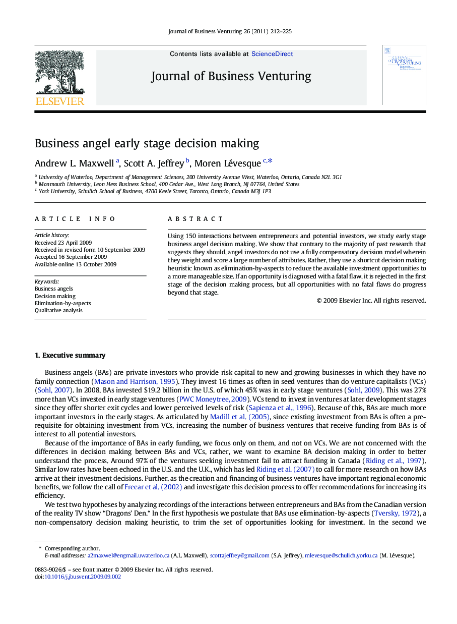 Business angel early stage decision making