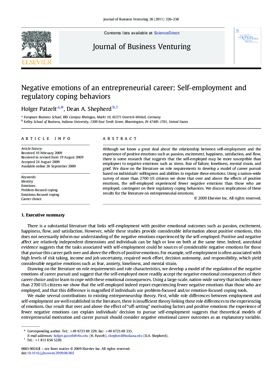 Negative emotions of an entrepreneurial career: Self-employment and regulatory coping behaviors