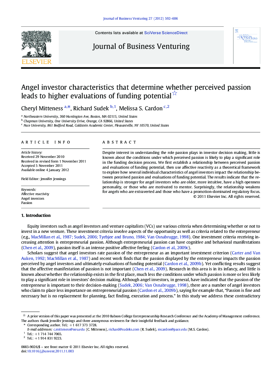 Angel investor characteristics that determine whether perceived passion leads to higher evaluations of funding potential 