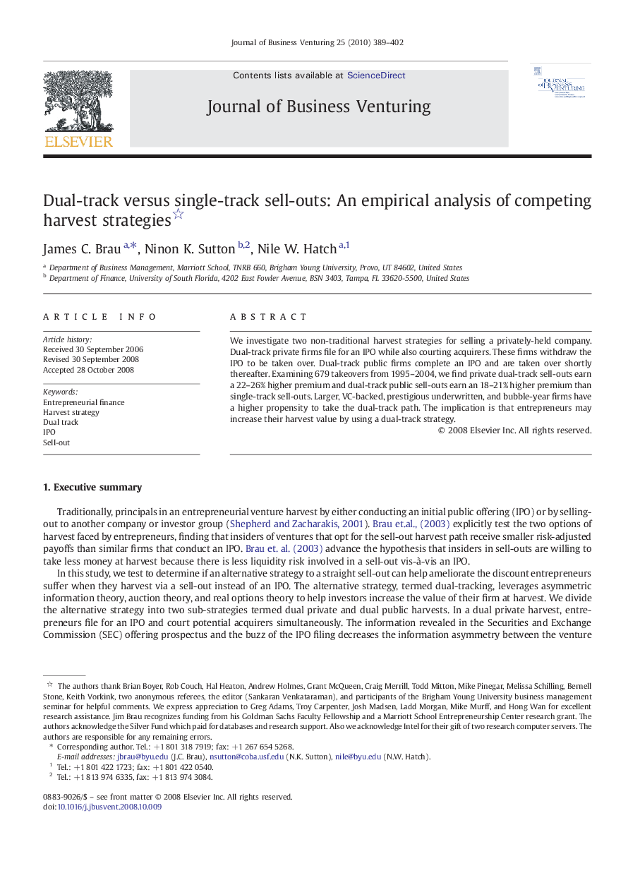 Dual-track versus single-track sell-outs: An empirical analysis of competing harvest strategies 