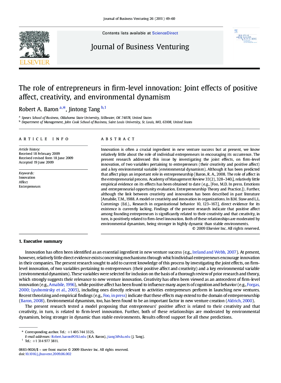 The role of entrepreneurs in firm-level innovation: Joint effects of positive affect, creativity, and environmental dynamism