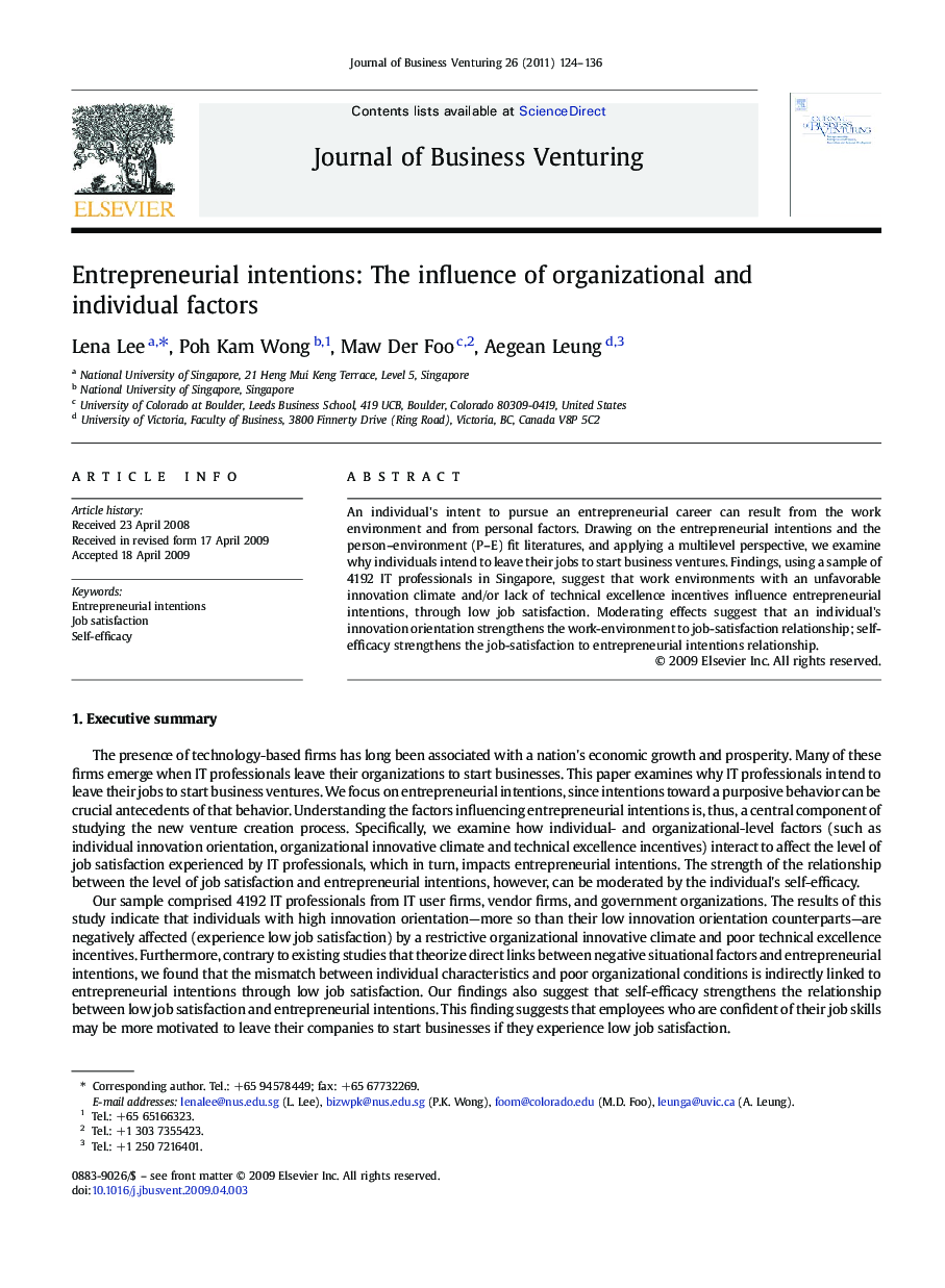 Entrepreneurial intentions: The influence of organizational and individual factors